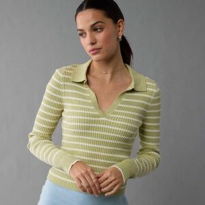 AE Long-Sleeve Striped Collared Polo Sweater